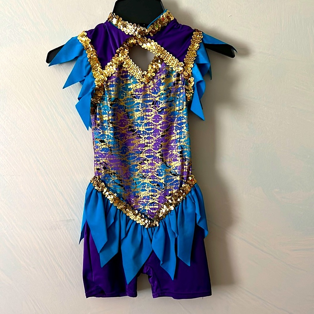 Jazz a recital costume by Curtain Call is purple, teal, gold & black child med.